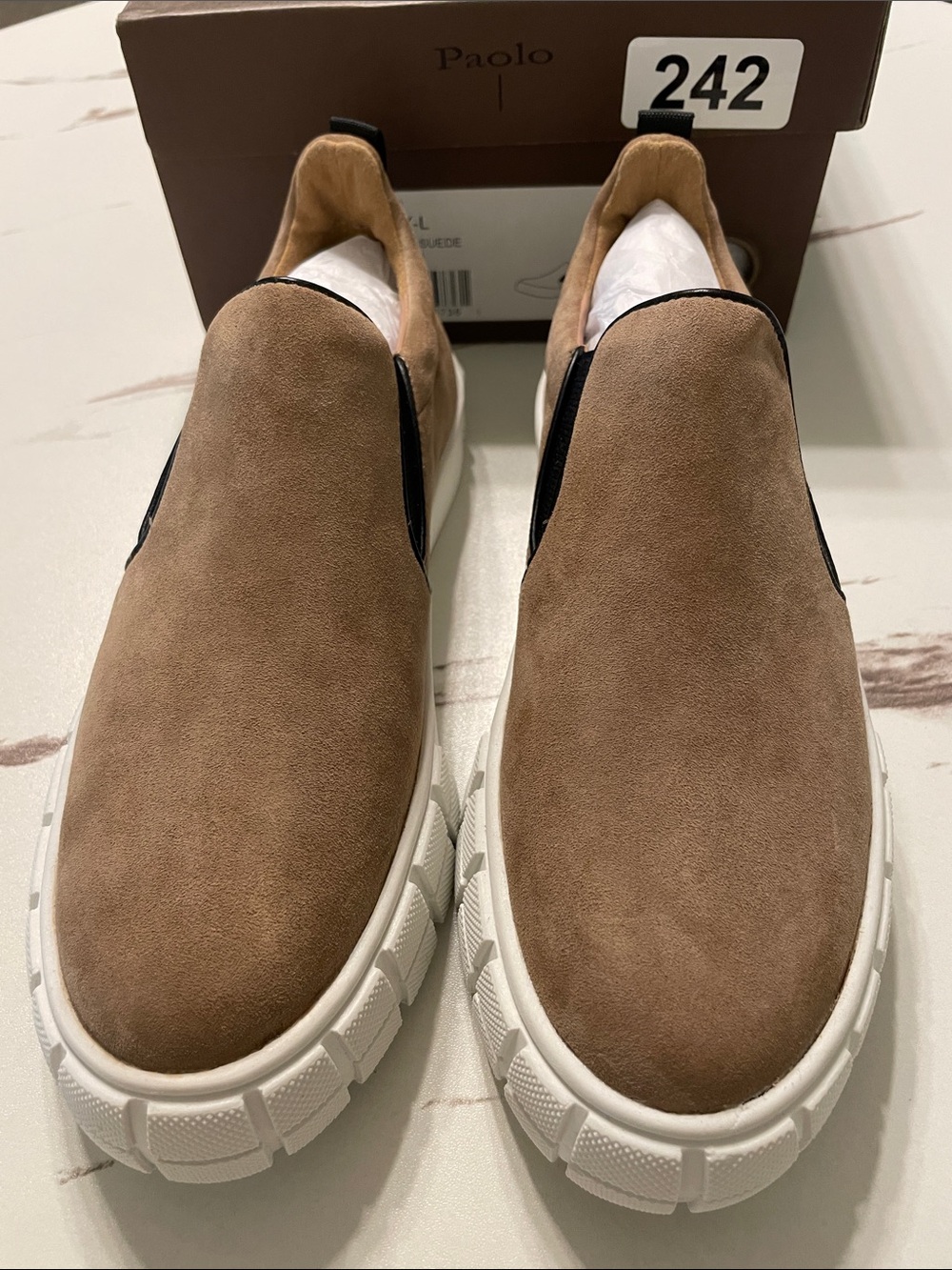 Paolo  Kenny Tan Leather Suede Slip-On Sneakers with White Chunky Sole New I Box